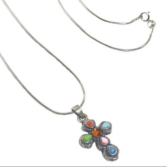 Vintage Silpada Sterling Silver Multi-Colored Cross Pendant Necklace - Picture 2 of 7